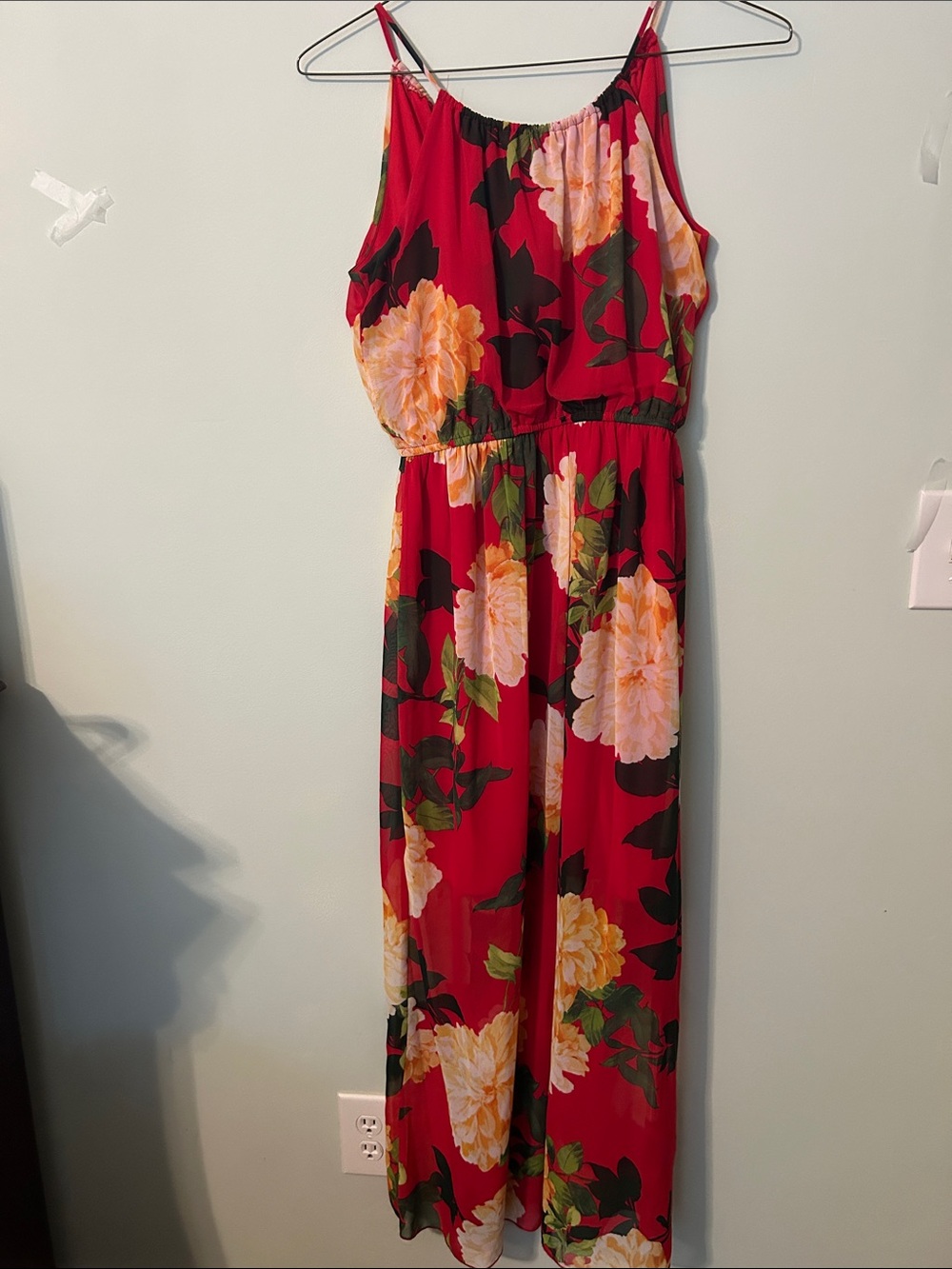 Sweet Storm Red Floral Maxi Jumpsuit with Spaghetti Straps